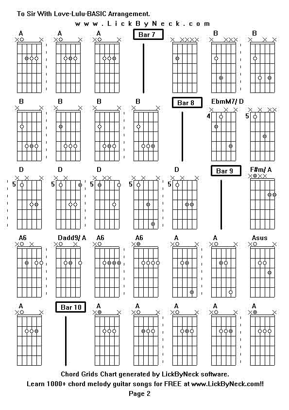 Chord Grids Chart of chord melody fingerstyle guitar song-To Sir With Love-Lulu-BASIC Arrangement,generated by LickByNeck software.